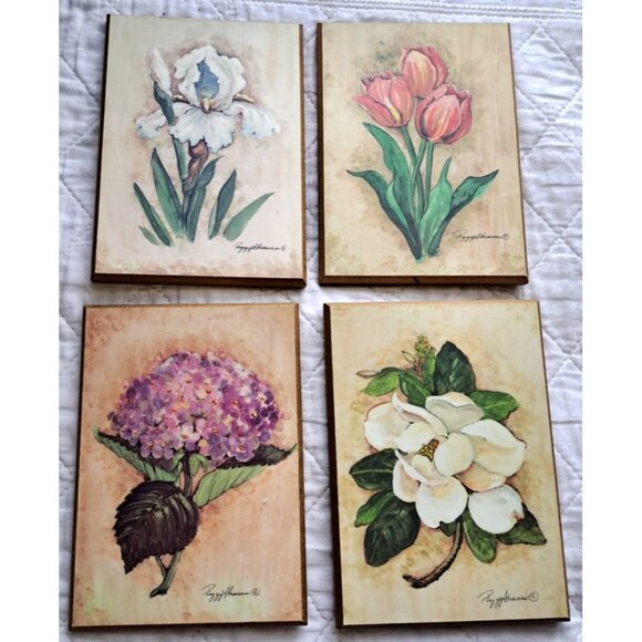 Set of 4 Floral Watercolor Resin Wall Tiles Signed Peggy Abrams - Picture 1 of 10